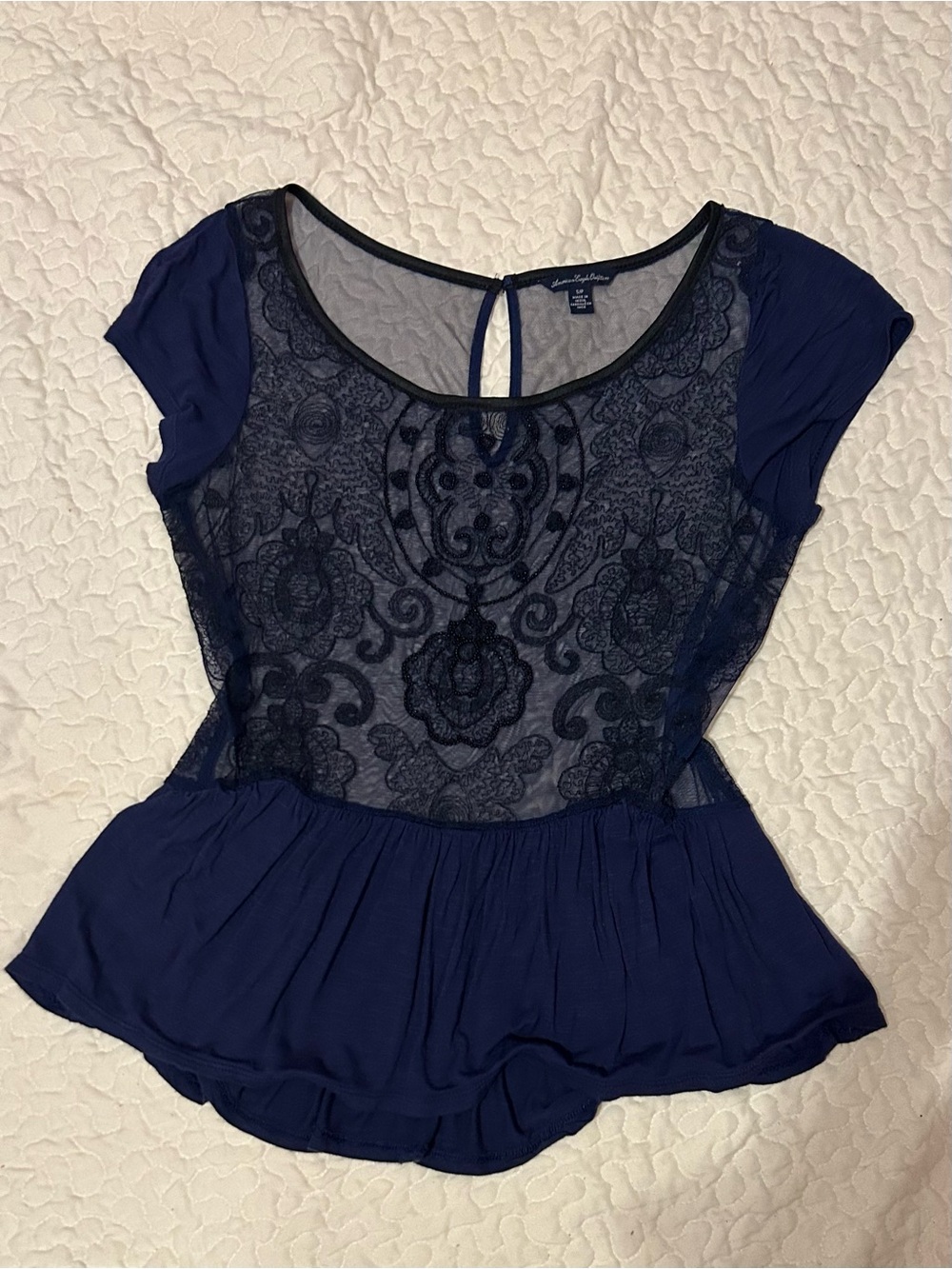 American Eagle Outfitters Navy and Black beaded and lace Peplum Top